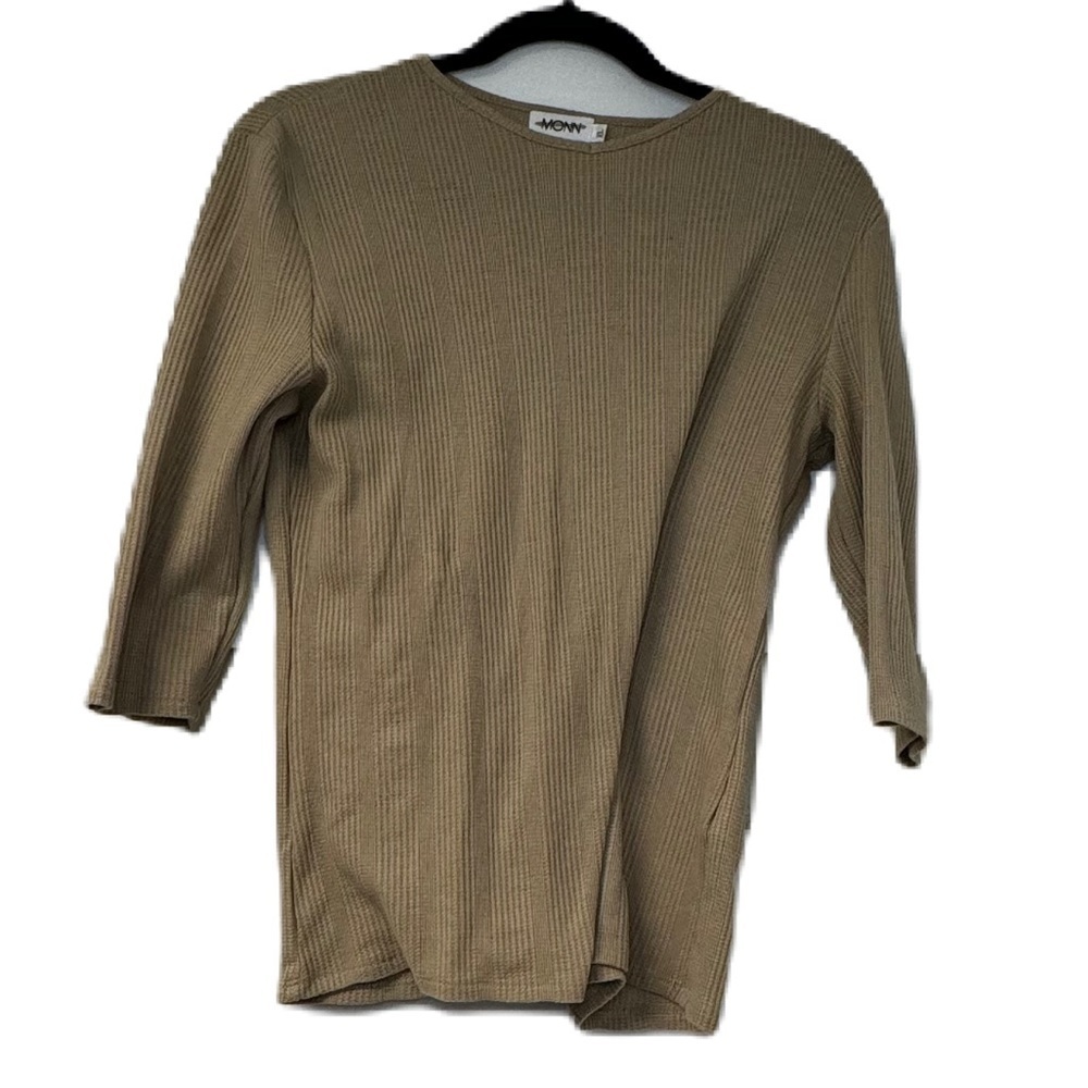 MONN womans XL textured tan 3/4 sleeve top spring summer fall casual classic fun